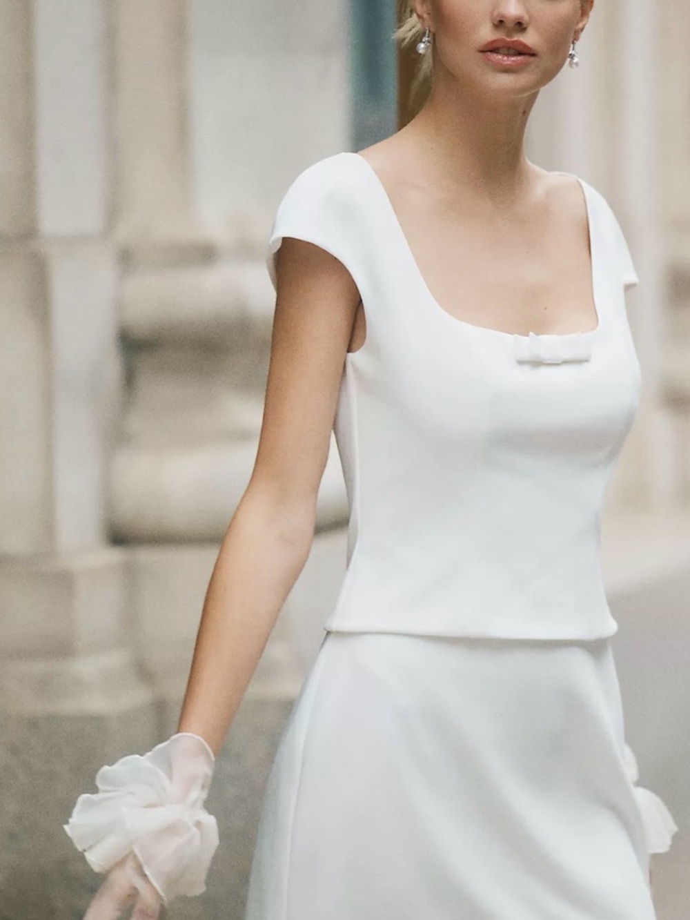 Mare Mare White Square Neck Cap Sleeve Bow Top - XS - Coquette Bridal Romantic